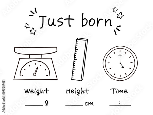 手書き風のベビーマンスリーカード用テンプレート素材（モノクロ）
(English: Hand-drawn baby monthly card template, monochrome line art)