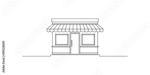 Simple line drawing of a small shop with a striped awning and two windows Vector, illustration