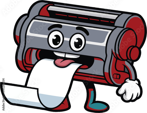 Machine prints vector illustration of happy printer outputting paper