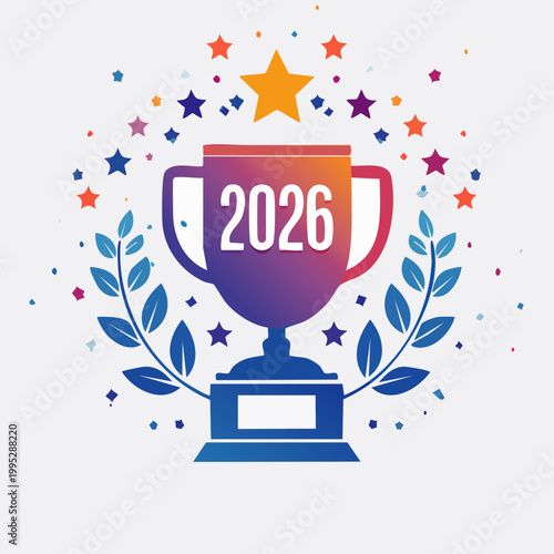 Gradient trophy with 2026 text, surrounded by stars and laurel wreaths, symbolizing achievement and success.