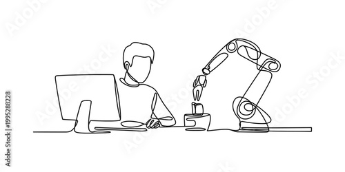 Man working with robotic arm on computer, one line drawing style Vector, illustration