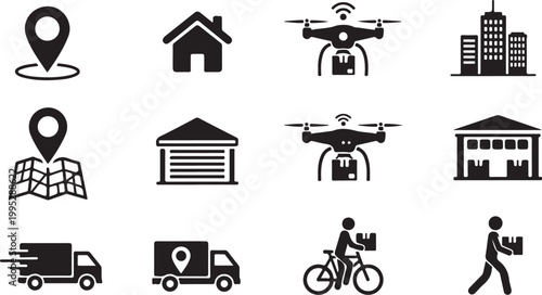 Logistics and Delivery Icons in Black and White