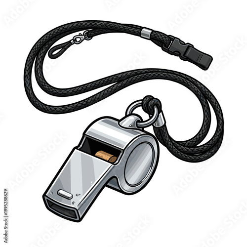 A silver whistle with a black lanyard, ready to make a clear sound