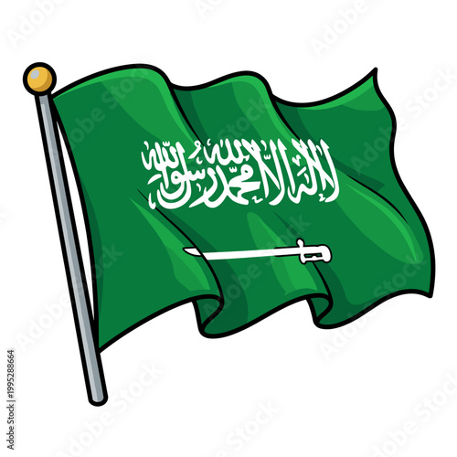 A waving flag of Saudi Arabia against a light background, symbolizing national pride and identity. This image represents the nation's culture, heritage, and unity