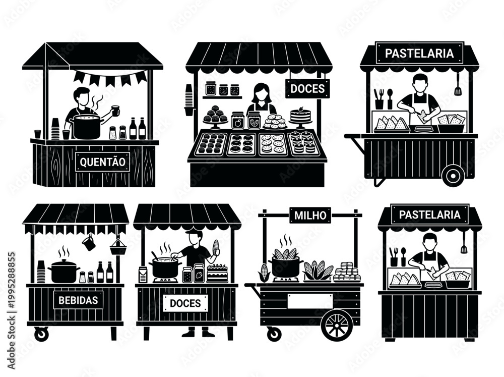 Naklejka premium Street food stalls illustration in black and white, featuring people selling various food items and beverages