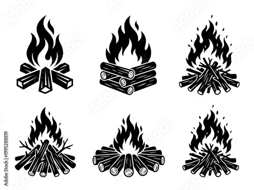 Various illustrations of campfires with burning flames against a neutral background. The flames have different shapes and sizes and are set with stacks of firewood