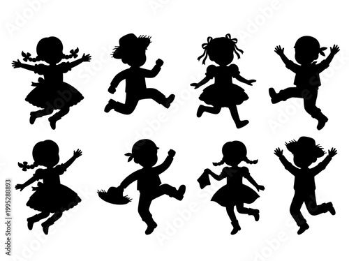 Energetic silhouettes of children jumping and playing in various poses, showcasing their dynamic forms. Each child appears to be in mid-action, capturing a sense of movement and joy