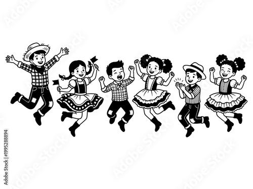 Illustration of six children joyfully dancing together in festive outfits. They are jumping with glee, arms raised, and smiles on their faces