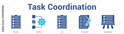 Task Coordination web banner icon set vector illustration concept for business with icon of Checklist, Workflow, List, Writing Ta.