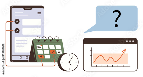 Productivity, analytics, time management, scheduling, business analysis, project planning. Smartphone checklist, calendar clock chart with question mark. Productivity and analytics concepts