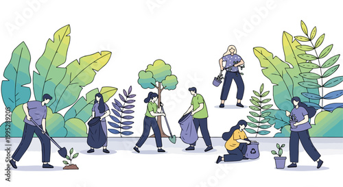 Eco friendly community volunteers cleaning park, people planting trees and collecting garbage, environmental protection and sustainability vector illustration