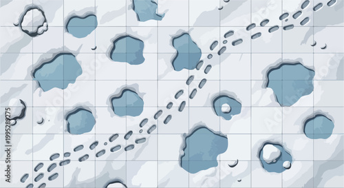Snowy battle map vector with frozen ice puddles, winter landscape grid for tabletop gaming, top down arctic terrain with footprints and snow drifts