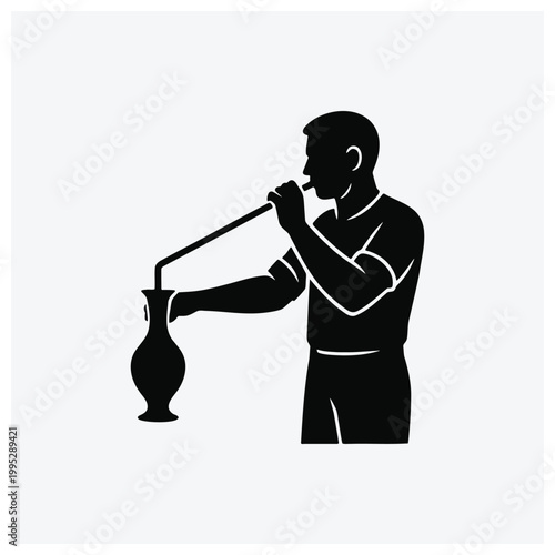Silhouette of a man playing a flute or pipe, representing a musician or bard