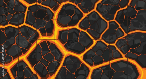 Molten lava texture with glowing magma cracks, volcanic rock background vector, seamless hot stone pattern for game design and fantasy environments