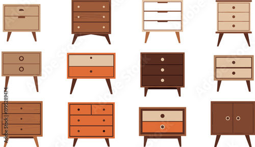 Hand drawn wooden dresser cabinets set with drawers and storage furniture in modern flat vector illustration collection