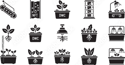 Hydroponic system icons for plant growth and cultivation