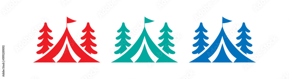 Obraz premium Three tent icons with pine trees
