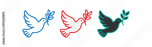 Three dove of peace icons with olive branch
