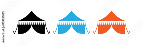 Set of three colorful tent icons for events, festivals, and outdoor markets