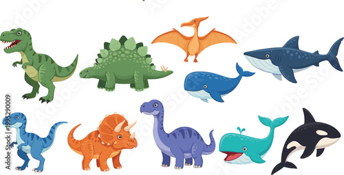 Cute Dinosaur and Marine Animal Character Set Featuring T-Rex Stegosaurus Triceratops Whale Shark and Orca for Children Education and Prehistoric Sea Life Design