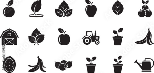 Agricultural icons and farm symbols in black