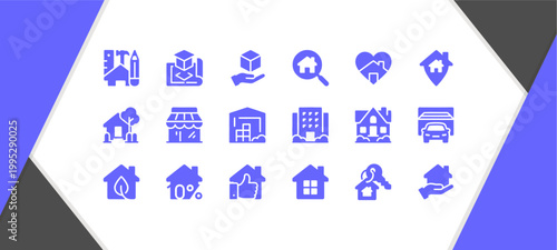 A collection of various icons depicting buildings, vehicles, and objects on a white background with blue and black accents.