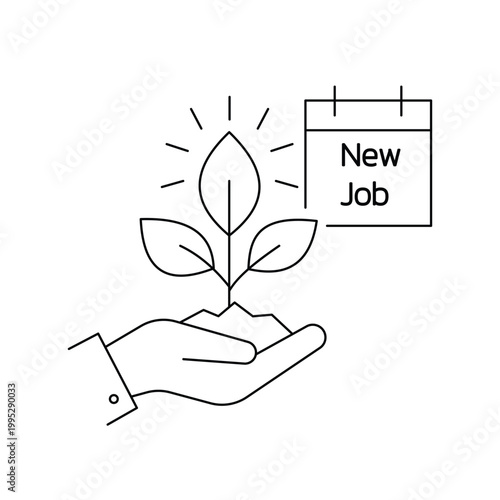 New job growth concept with hand holding young plant and calendar icon for career development.Editable stroke, Vector illustration, Line art Icon, Symbols.