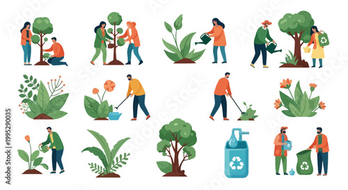 Eco friendly gardening and reforestation vector set, people planting trees and watering plants, sustainable environmental conservation icons