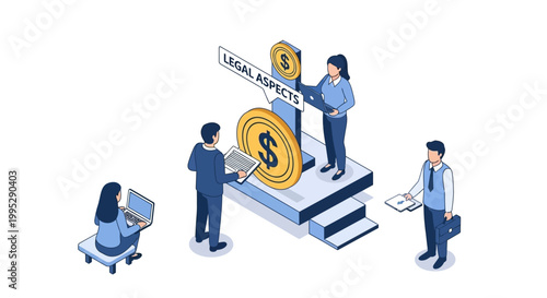 Business professionals collaborating on financial legal aspects with coins and laptops.