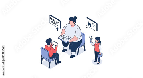 Isometric Illustration of a Therapist Counseling Clients in Session.