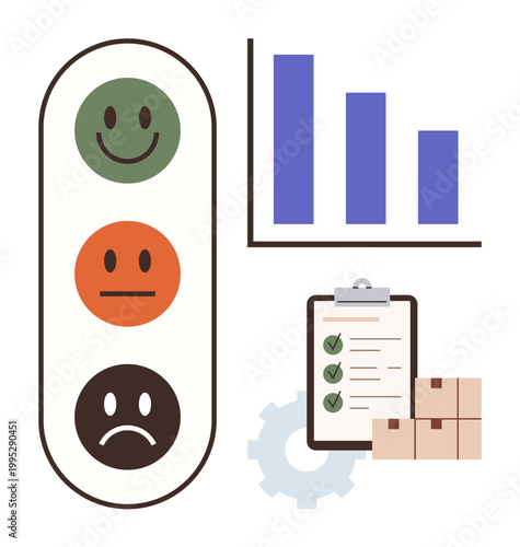 Customer satisfaction, feedback management, data analysis, product review, service evaluation, logistics tracking. Features emotive faces, a bar chart a checklist and packages. Customer
