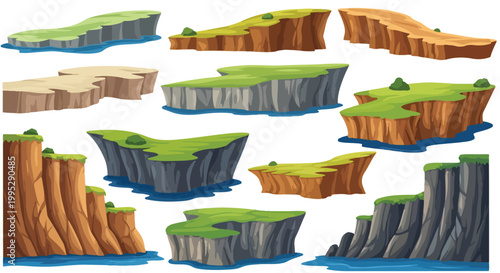 Floating island game assets, cartoon rock cliff landscape set, 11 vector nature platforms for mobile gaming and level design