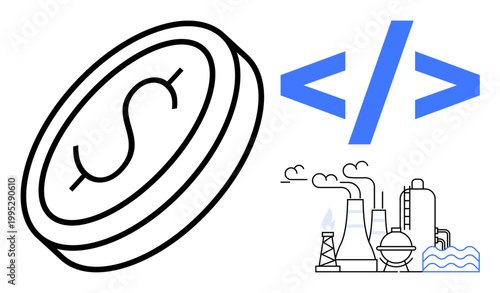 Technology innovation, industrial development, financial systems, coding economy, sustainability, manufacturing future. Coding symbol, dollar sign factory. Technology innovation and industrial