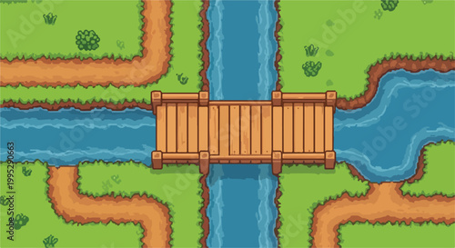 Pixel art wooden bridge over a river, retro 2D game landscape with dirt paths and green grass, top-down view of a fantasy RPG map environment