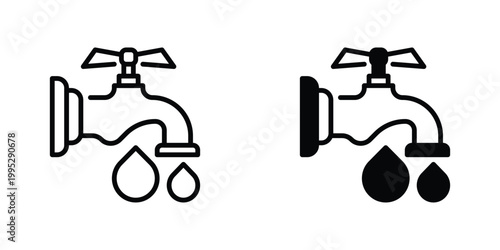 Faucet and Drop Vector Line Icon for plumbing and bathroom