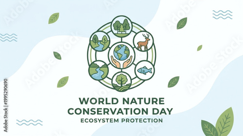 Illustration of World Nature Conservation Day with ecosystem protection theme and various environmental icons on a light blue background with leaves