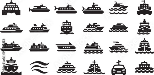 Collection of various boat and ship silhouettes icons