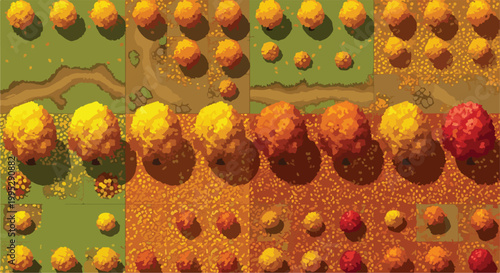 Autumn forest landscape vector tiles, top down pixel art game assets, isometric fall trees and nature environment for level design