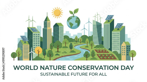 Illustration of a sustainable cityscape with green spaces, solar panels, and wind turbines on World Nature Conservation Day