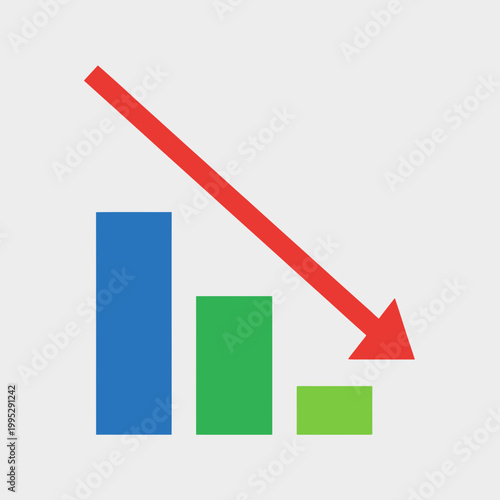 Business Bar Chart with Downward Red Arrow Symbolizing Financial Loss and Economic Decline