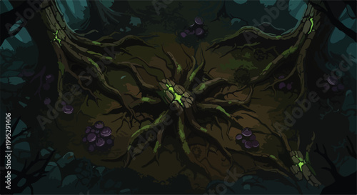 Mystical enchanted forest clearing with glowing ancient tree roots, dark fantasy woodland landscape, magical swamp environment for game background