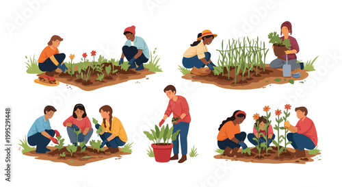 Flat vector illustration of diverse people gardening, community garden volunteers planting flowers and vegetables, urban farming collection