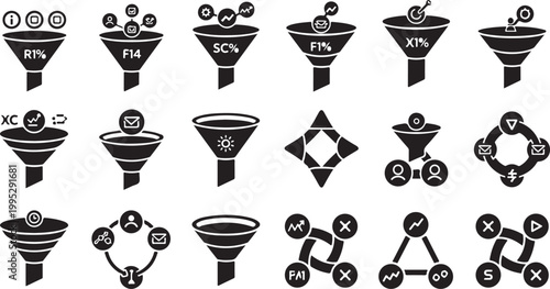 Black and white funnel chart icons set