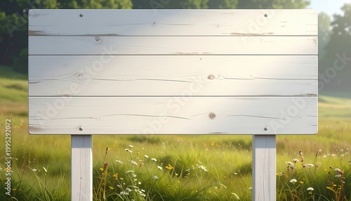 Weißes rustikales Holzschild auf einer sonnigen Wiese für Außenwerbung oder individuelle Nachrichten
