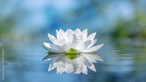  is a serene, close-up photograph of a single white water lily floating on a calm body of water. The composition is centered, with the flower occupying the middle