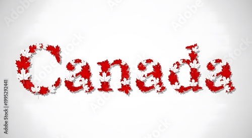 Happy Canada Day Text Made of Red and white Flowers with Floral Maple Leaf on White Background