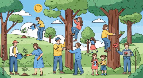 Eco-friendly community planting trees in forest, diverse people gardening and reforestation illustration, flat line art nature conservation vector