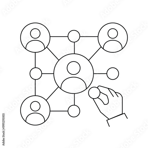 Networking and team building concept with connected people icons and hand adding a member.Editable stroke, Vector illustration, Line art Icon, Symbols.