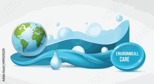 Environmental care concept vector, earth globe with blue water waves and bubbles, eco friendly planet protection banner for sustainability
