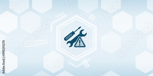 Maintenance and repair service concept with screwdriver wrench and warning sign on abstract digital geometric background representing troubleshooting and technical support